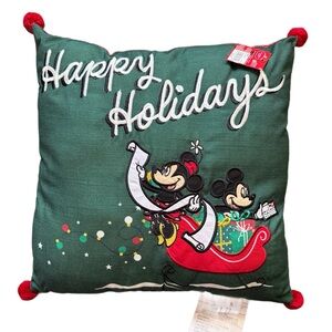 St. Nicholas Square Holiday Pillow featuring Mickey & Minnie - Green & Red - NWT